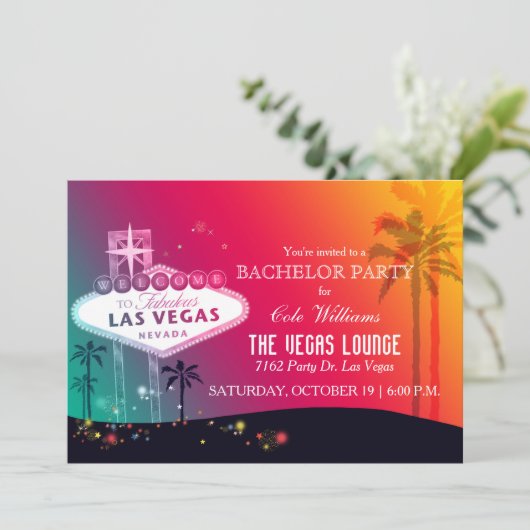Fun Glam Las Vegas Bachelor Party Einladung (Stehend Vorderseite)