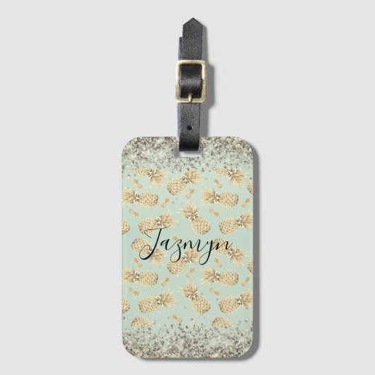 Fun Glittery Golden Pineapes Personalisiert Gepäckanhänger (Vorderseite Vertikal)