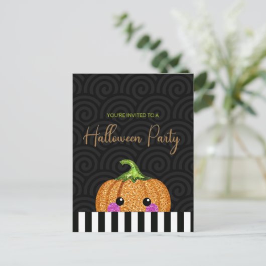 Fun Glitzer Pumpkin Halloween-Party Einladung Postkarte (Stehend Vorderseite)