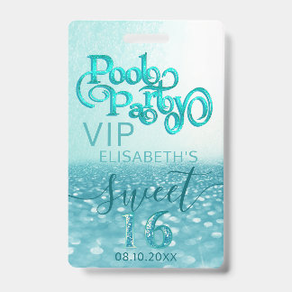 Fun Glitzer Skript Pool Party Sweet 16 VIP Abzeich Ausweis