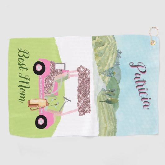 Fun Glitzy Golf Cart Landschaftlich Personalisiert Golfhandtuch (Horizontal)