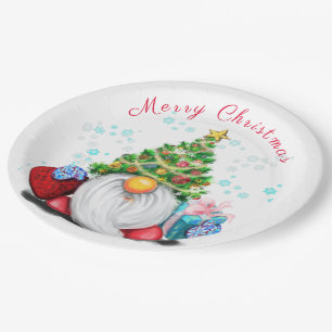 Fun Gnome mit Weihnachtsbaumhut und Geschenk für Pappteller