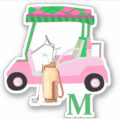 Fun Golf Gal Pink Cart Clubs Monogram Aufkleber (Vorderseite)