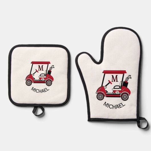 Fun Golf Typ Cart Custom Monogram Name Ofenhandschuh & Topflappen-Set (Vorderseite)