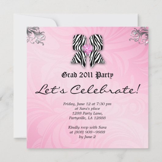 Fun Graduation Party lädt Zebra Bow Pink Silver ei Einladung (Rückseite)