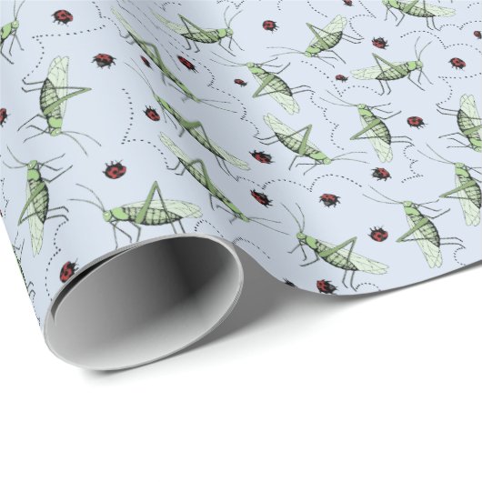 Fun Grasshopper Bug Bonanza Green Red Pastel Blue Geschenkpapier (Rolleneckpunkt)