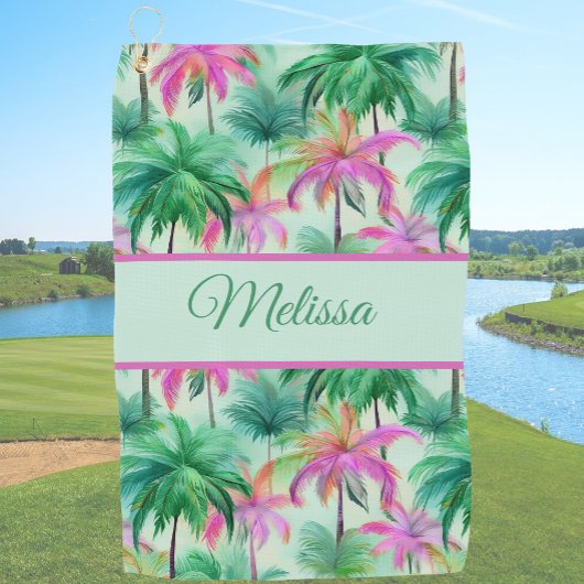 Fun green and pink ladies tropical palm tree golfhandtuch