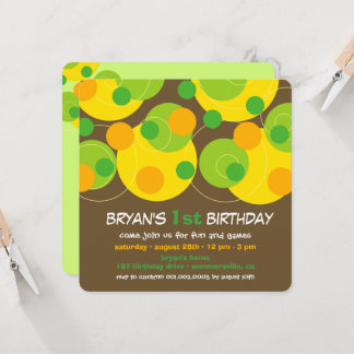 Fun Green Bubbly Dots Foto Boy 1. Geburtstag Party Einladung