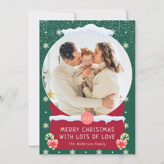 Fun Green Frohe Weihnachts-Schneeglobe-Fotokarte Einladung (Vorderseite)