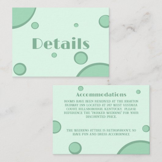 Fun Green Groovy Retro Hochzeitsdetails Begleitkarte (Vorne/Hinten)