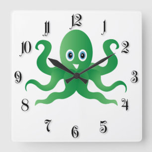 Fun green octopi quadratische wanduhr