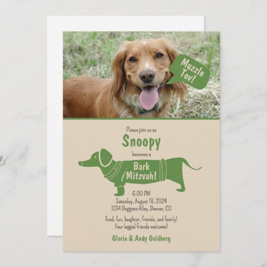 Fun Green Tan Pet Dog Muzzle Tov Bark Mitzvah Einladung (Vorne/Hinten)