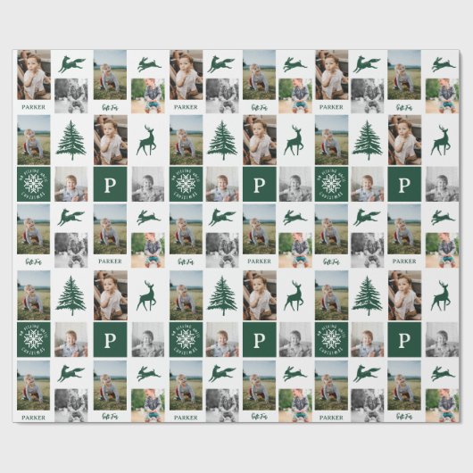 Fun Green Woodland Custom Foto Collage Monogram Geschenkpapier (Flach)