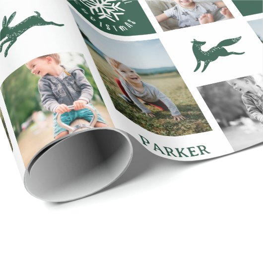 Fun Green Woodland Custom Foto Collage Monogram Geschenkpapier (Rolleneckpunkt)