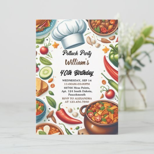 Fun Grillen Taco Koch Soup Potluck Party 40. Gebur Einladung (Stehend Vorderseite)