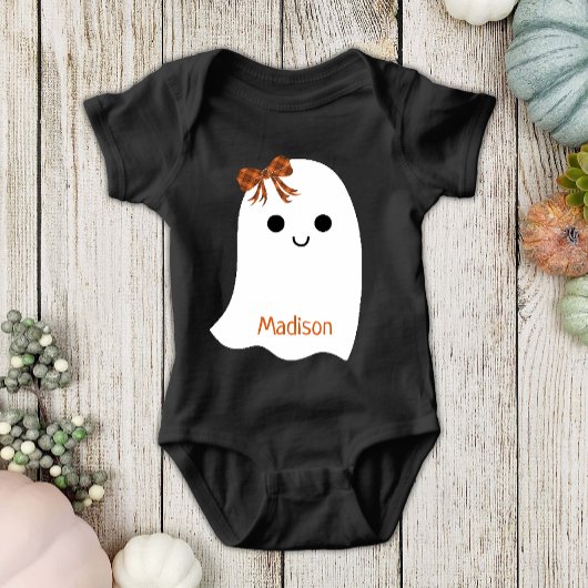 Fun Halloween Girl Ghost Kariert Bow Baby Name Baby Strampler