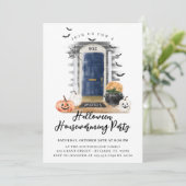 Fun Halloween Housewarming Party Navy Front Door Ankündigung (Stehend Vorderseite)