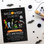 Fun Halloween Kids Costume Geburtstagsparty Einladung<br><div class="desc">Feiern Sie Geburtstage im Oktober mit einer Party Einladung zu Halloween-Kostüm. Der rustikale Chalkboard-Hintergrund, bunte Sternenkonfetti und bezaubernde Cartoon-Kostümfiguren wie Kürbis, Geister und Monster sorgen für festlichen Spaß. Die moderne Vorlage lässt sich einfach anpassen - einfach den Button "Weitere Einstellungen" verwenden, um Text, Schriftart oder Farbe für Ihr Event zu...</div>