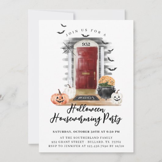 Fun Halloween Party Red Front Door Ankündigung (Vorderseite)