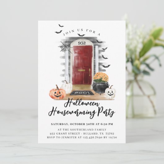 Fun Halloween Party Red Front Door Ankündigung (Stehend Vorderseite)