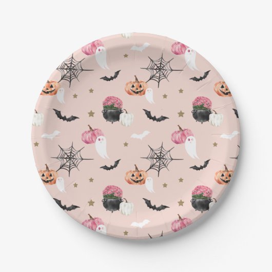 Fun Halloween Pink & Orange Pumpkin Spider Web Bat Pappteller (Vorderseite)