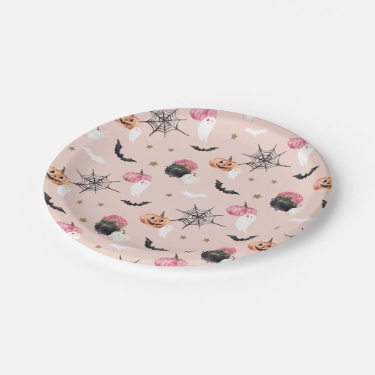 Fun Halloween Pink & Orange Pumpkin Spider Web Bat Pappteller (Schrägansicht)