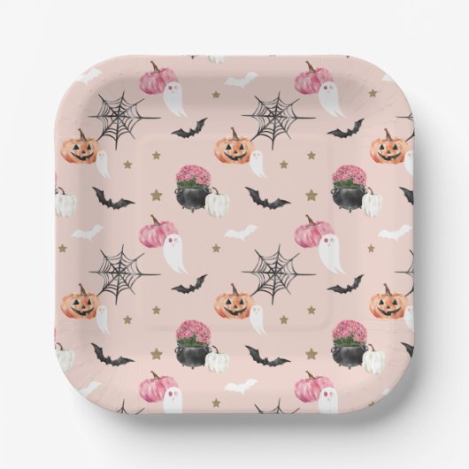 Fun Halloween Pink & Orange Pumpkin Spider Web Bat Pappteller (Vorderseite)