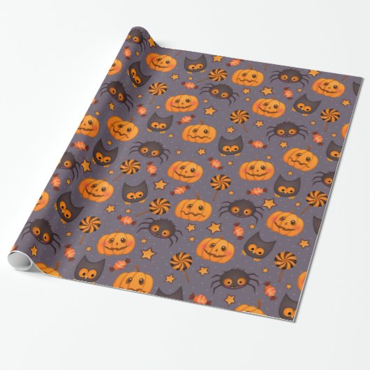Fun Halloween Pumpkins Muster Lila Hintergrund Geschenkpapier (Ungerollt)