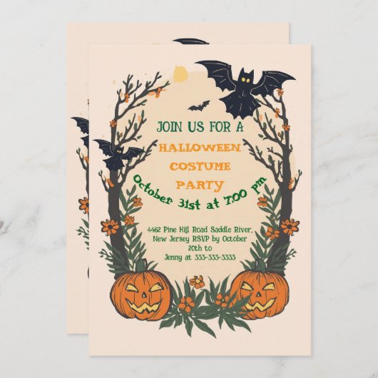 Fun Halloween with Pumpkins, Bats & Autumn Trees Einladung (Vorne/Hinten)