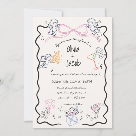 Fun Hand Drawn Cupid Bow Scribble Wavy Hochzeit Einladung (Vorderseite)