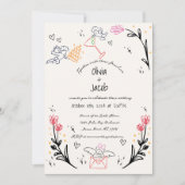 Fun Hand Drawn Cupid Wildblume Scribble Wedding Einladung (Vorderseite)