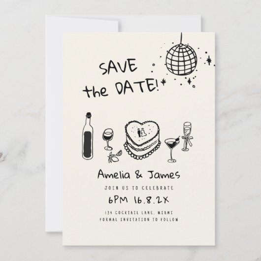 Fun Hand Drawn Save the Date Hochzeit Einladung (Vorderseite)