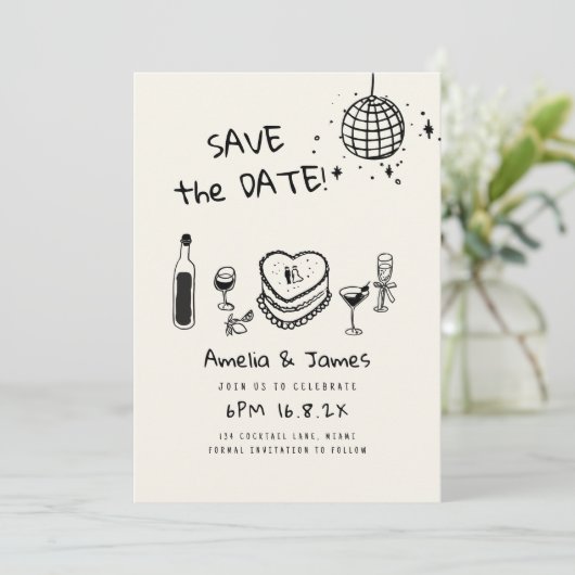 Fun Hand Drawn Save the Date Hochzeit Einladung (Stehend Vorderseite)