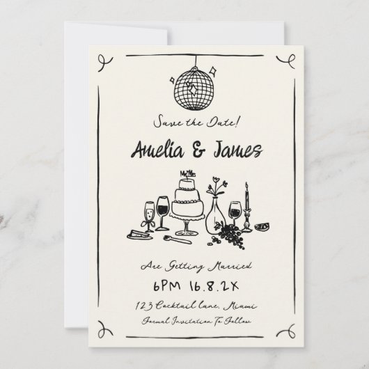 Fun Hand Drawn Save the Date Quirky Hochzeit Einladung (Vorderseite)