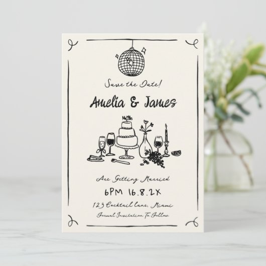 Fun Hand Drawn Save the Date Quirky Hochzeit Einladung (Stehend Vorderseite)