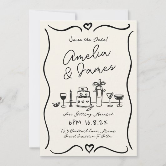 Fun Hand Drawn Save the Date Quirky Hochzeit Einladung (Vorderseite)