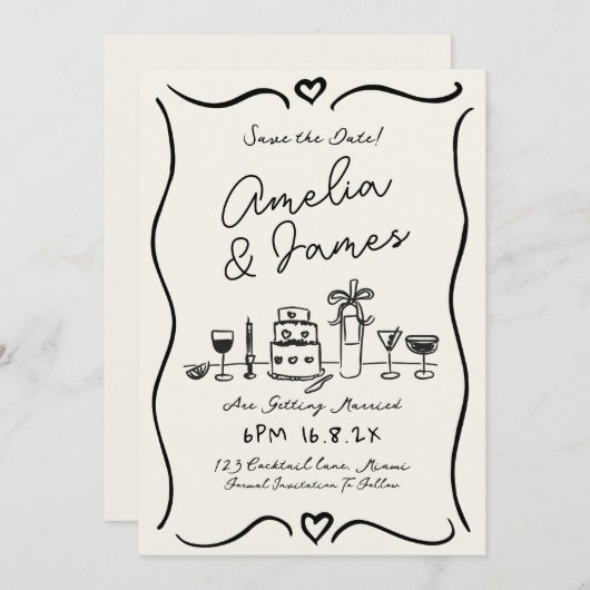 Fun Hand Drawn Save the Date Quirky Hochzeit Einladung (Vorne/Hinten)