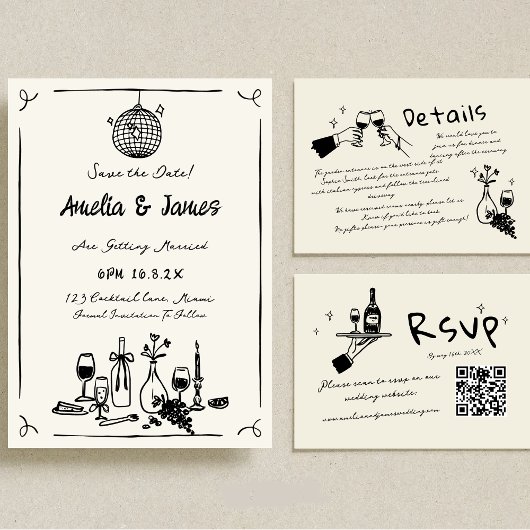 Fun Hand Drawn Save the Date Quirky Hochzeit Einladung