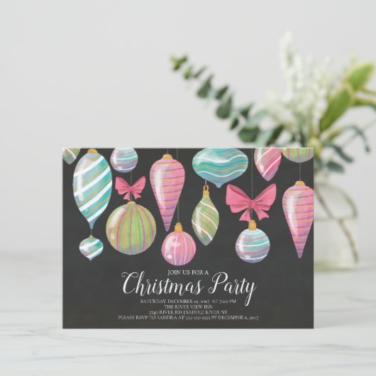 Fun Hanging Ornaments Weihnachts-Party Einladung (Stehend Vorderseite)