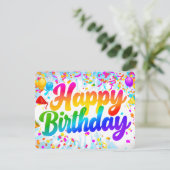 Fun Happy Birthday Card Rainbow Text und Confetti (Stehend Vorderseite)