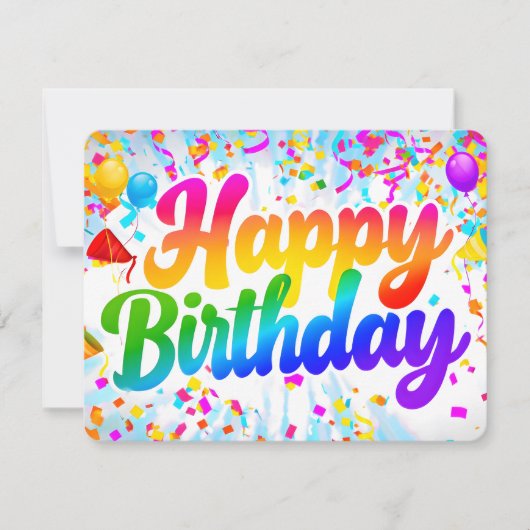 Fun Happy Birthday Card Rainbow Text und Confetti (Vorderseite)