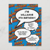 Fun Happy Birthday Party Modernes Blue Comic Einladungspostkarte (Vorne/Hinten)