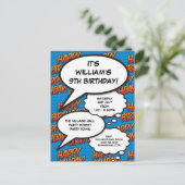 Fun Happy Birthday Party Modernes Blue Comic Einladungspostkarte (Stehend Vorderseite)
