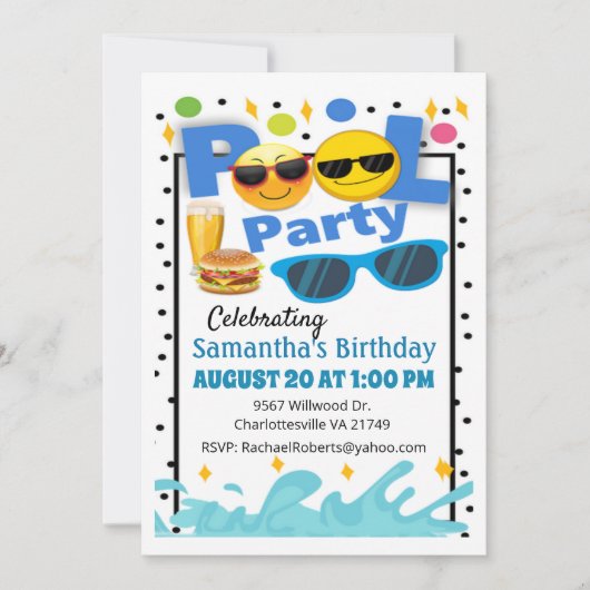 Fun Happy Face Birthday Pool Party Einladung (Vorderseite)