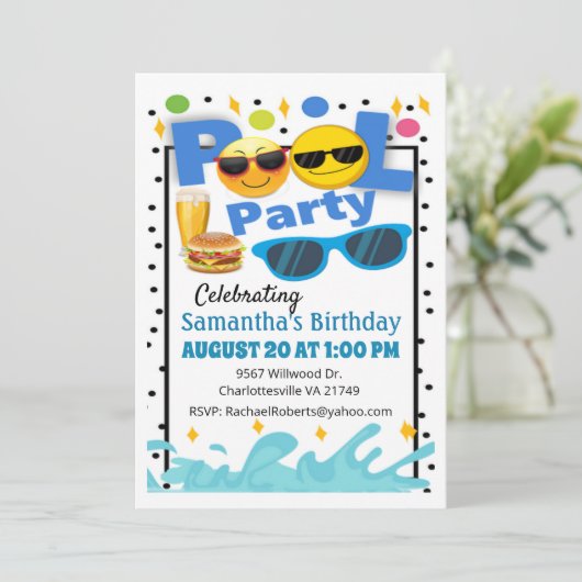 Fun Happy Face Birthday Pool Party Einladung (Stehend Vorderseite)