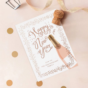 Fun Happy New Year Script Rose Champagne Confetti Folien Feiertagskarte
