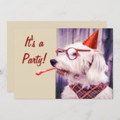Fun Happy Niedlich Dog feiert Party Hat Brille Einladung (Vorne/Hinten)