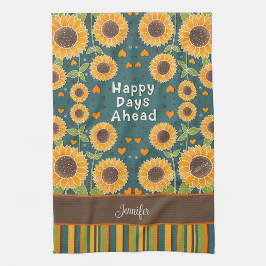 Fun Happy Sonnenblumen Streifen Individuelle Name  Geschirrtuch (Vertikal)