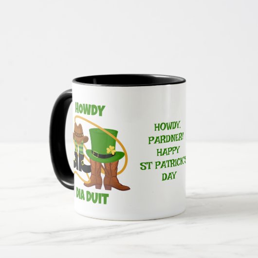 Fun Happy St Patricks Day HOWDY DIA DUIT Cowboy Tasse (Vorderseite Links)