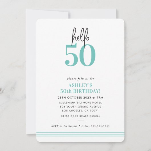 FUN hello 50 moderne 50. Geburtstagsparty Mint Einladung (Vorderseite)